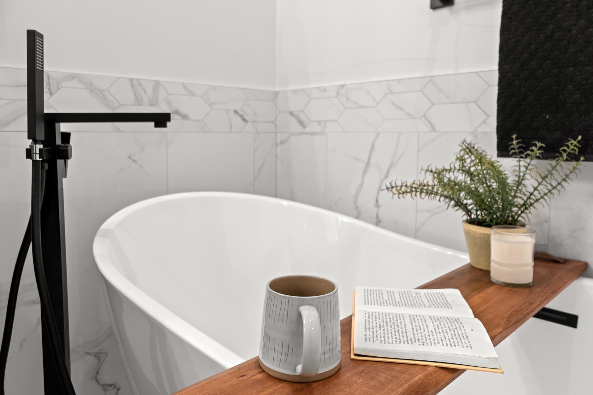 Freestanding soaking tub & marble tile — Details photography by Dane Oliver
