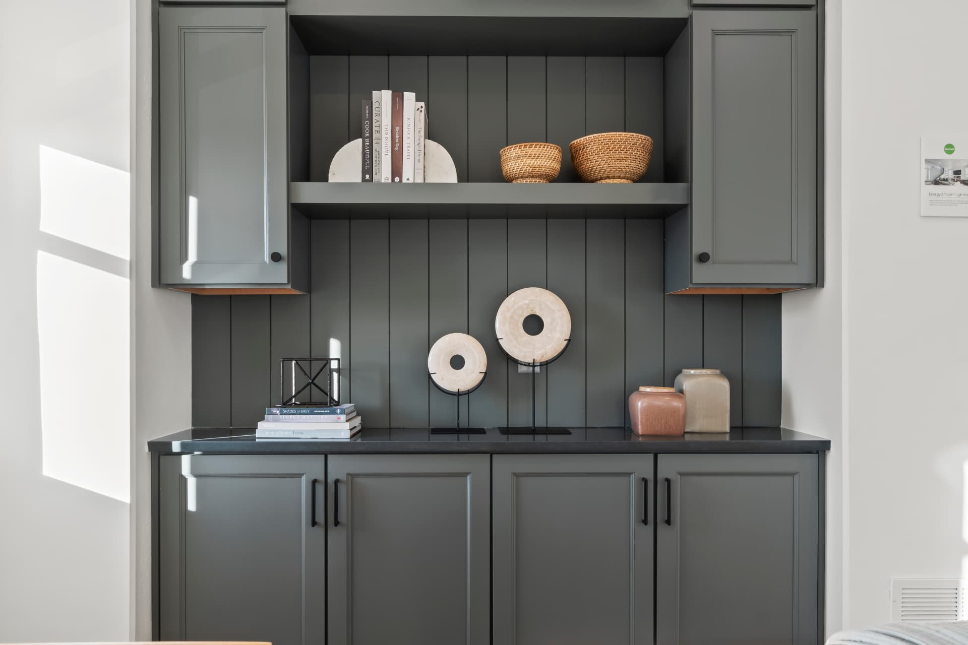 Sage built-ins & shelf styling — Details photography by Dane Oliver
